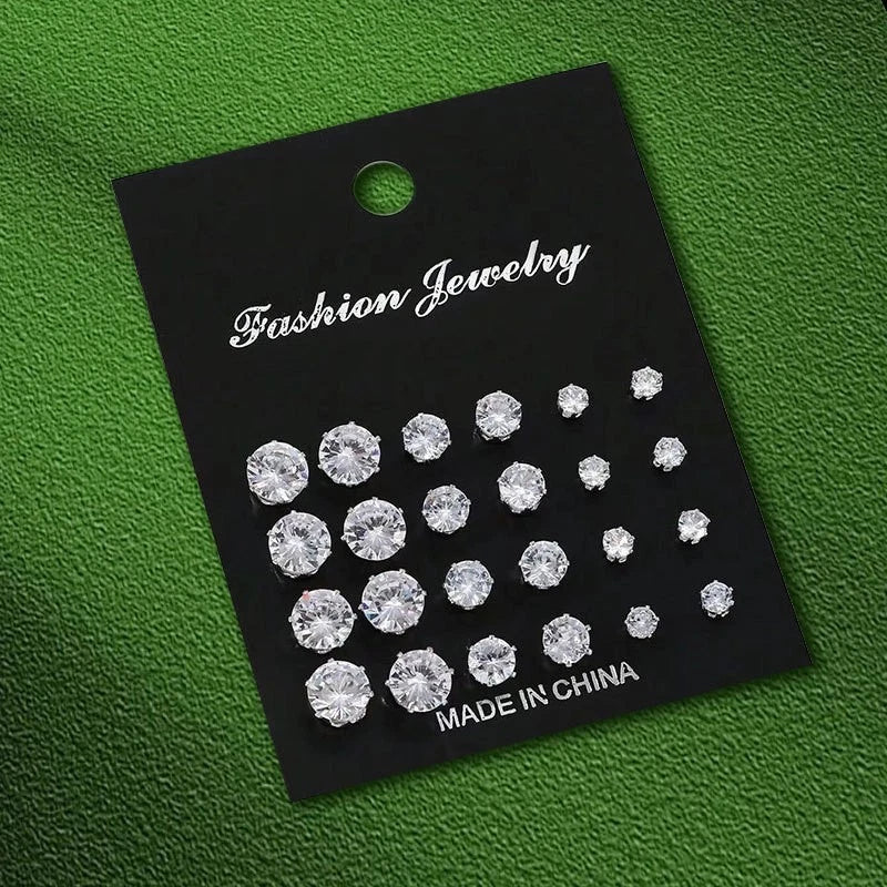 Set of 12 Zircon Pearl Stud Earrings for Fashion Lovers