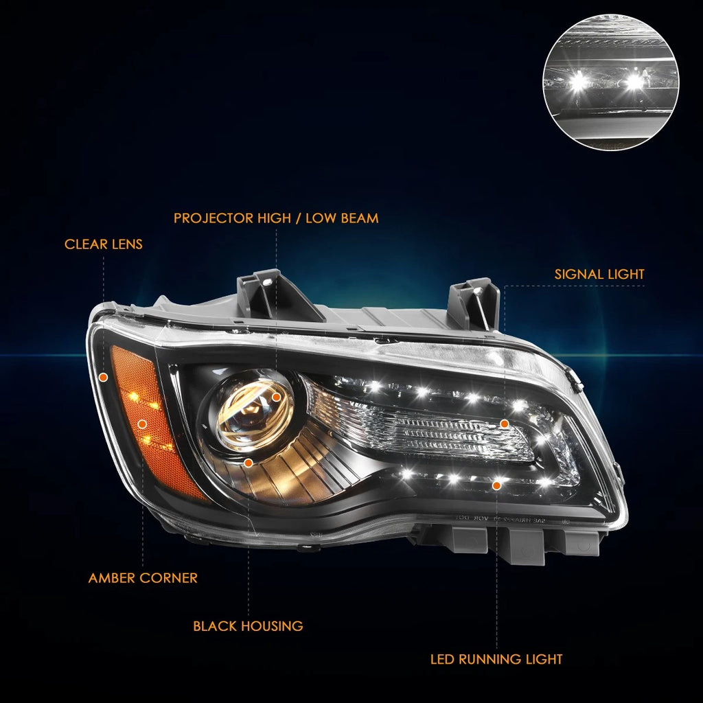 LED DRL Projector Headlight for Chrysler 300 (2011–2014) - Passenger Side, Black Housing