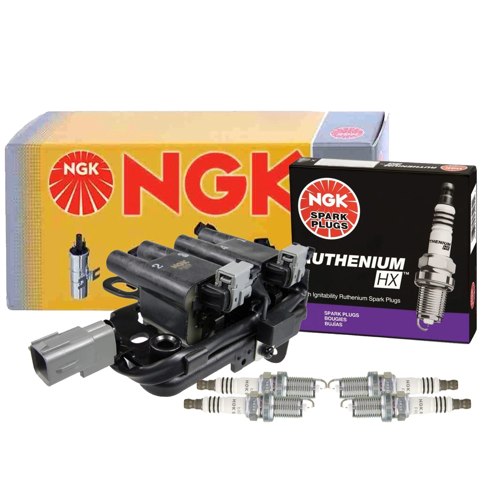 NGK DIS Ignition Coil & 4 Ruthenium HX Spark Plugs for Hyundai Kia (2010–2023)