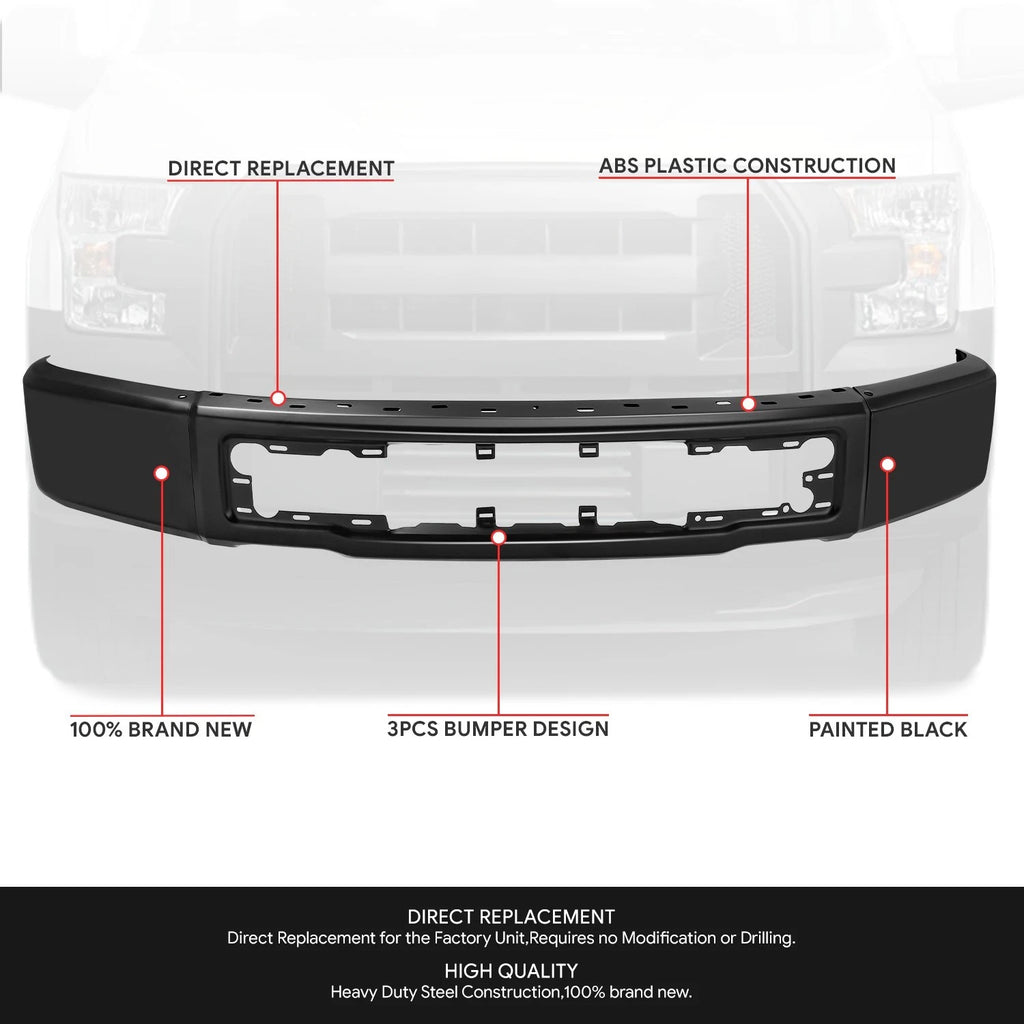 Front Bumper Face Bar for Ford F-150 (2015–2017) Primered Black w/o Fog Light Holes