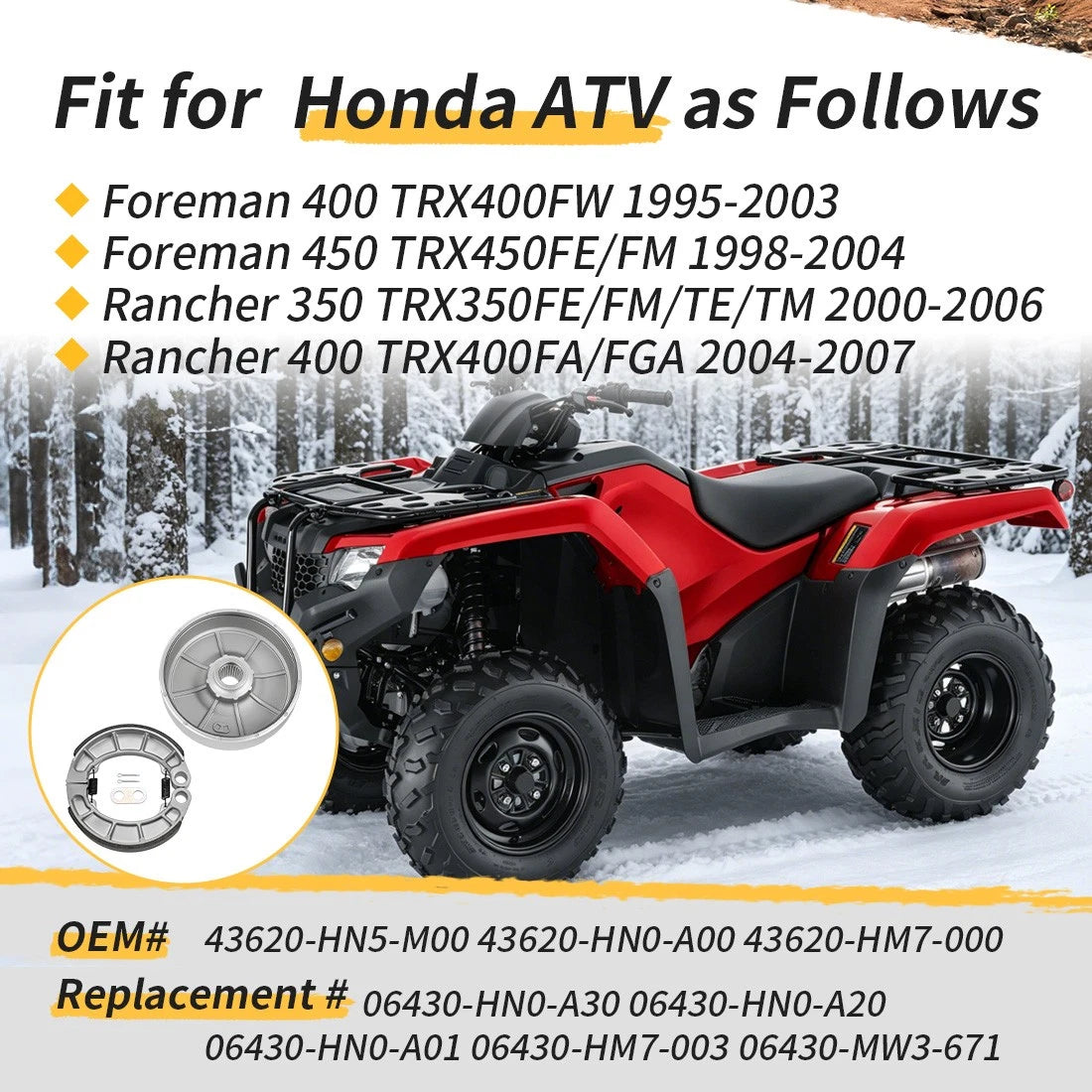 Rear Brake Drum W/Shoes Kit for Honda Rancher 350 TRX350FE/FM/TE/TM (2000–2006)