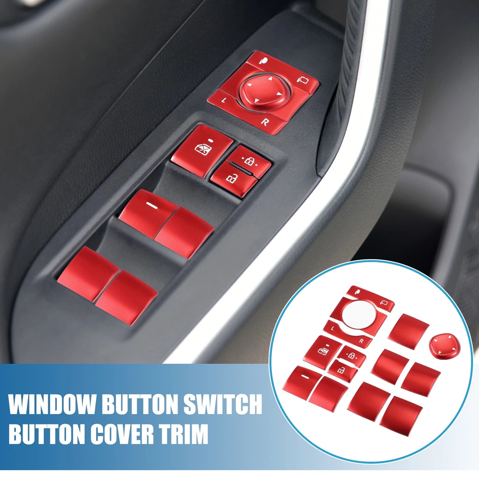 14Pcs Window Switch Button Cover Trim for Toyota RAV4 (2019–2022) Aluminum Red