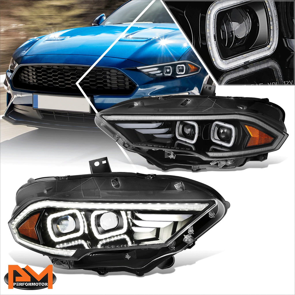 Full LED 3D Light Bar Dual Projector Black Headlights for Ford Mustang (2018–2023)