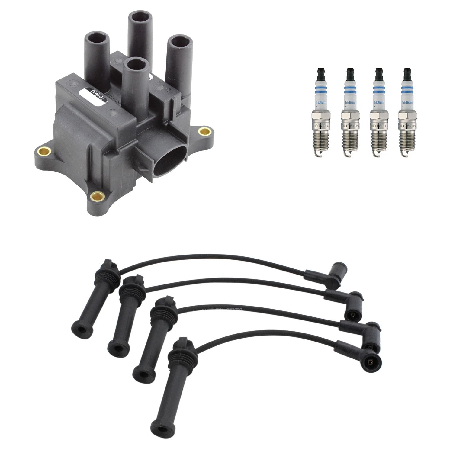 Set of 4 Denso Ignition Coil Wires & Bosch Iridium Spark Plugs for Mazda B2300 (1994–2006)