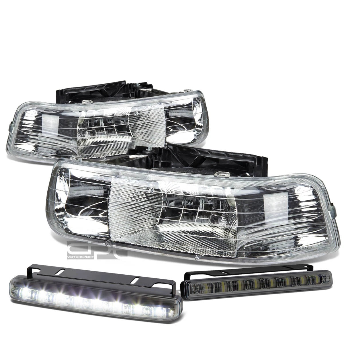 Set of 2 Chrome Housing Clear Lens Headlight + LED Fog Light for Silverado (1999–2002)
