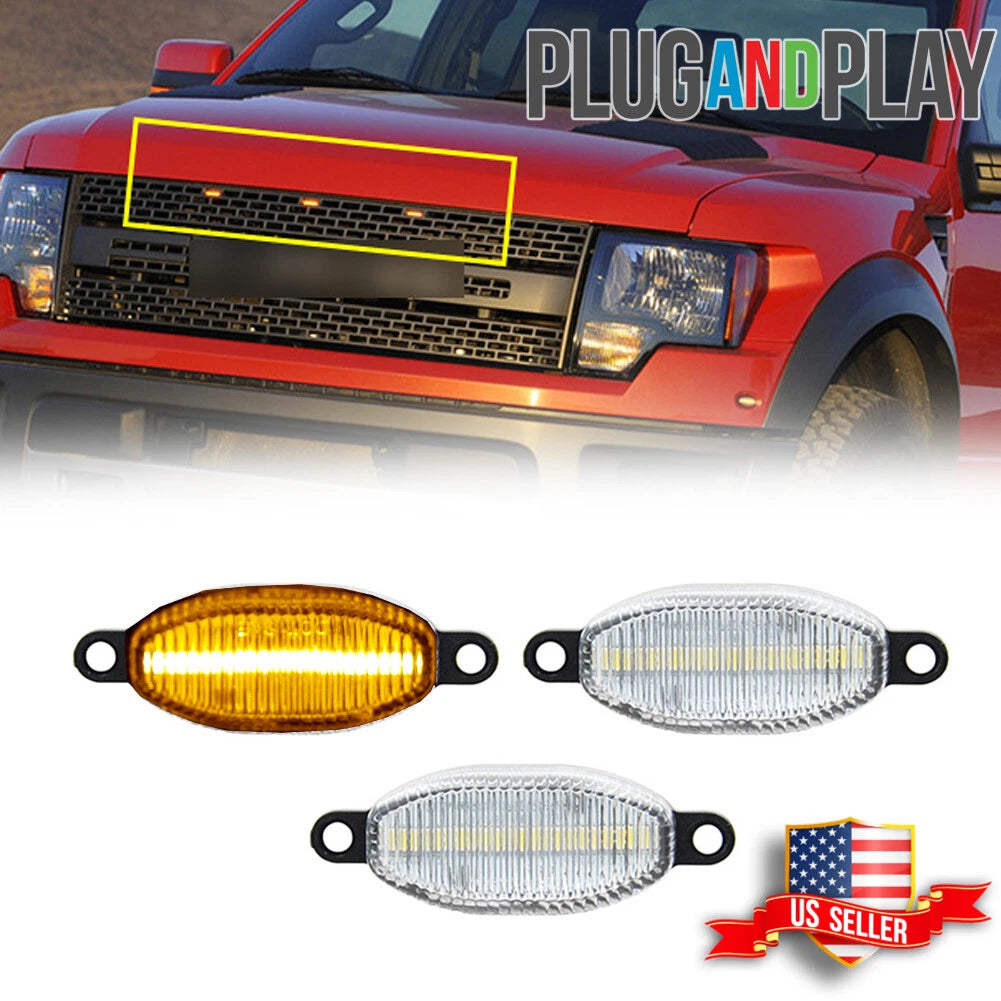 3X Clear Lens Amber LED Front Grille Running Light for Ford F150 Raptor (2010–2014)
