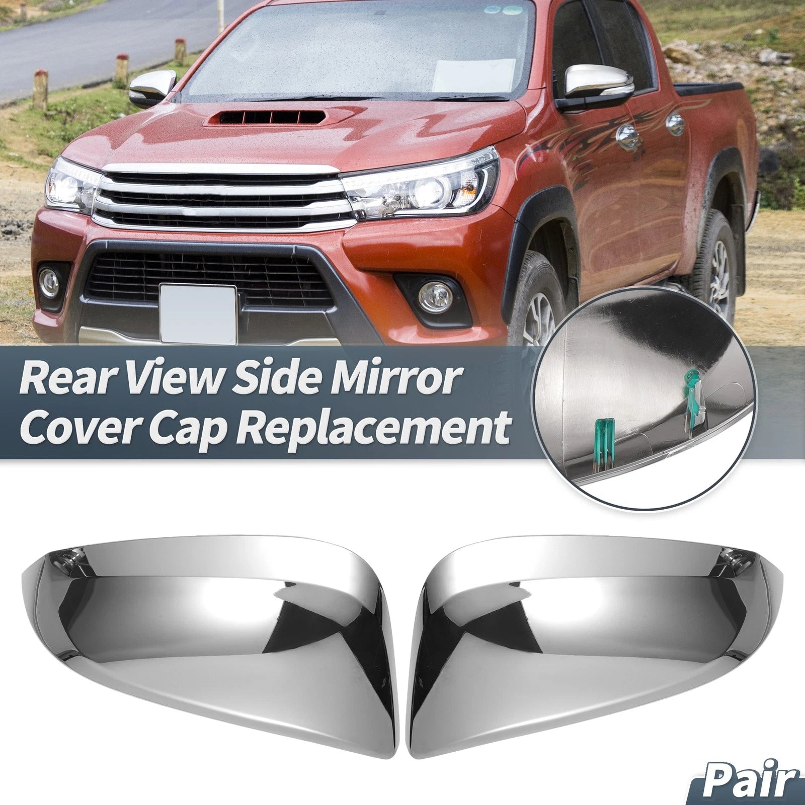 Pair Rearview Mirror Cover Cap Chrome for Toyota Hilux (2015–2020)