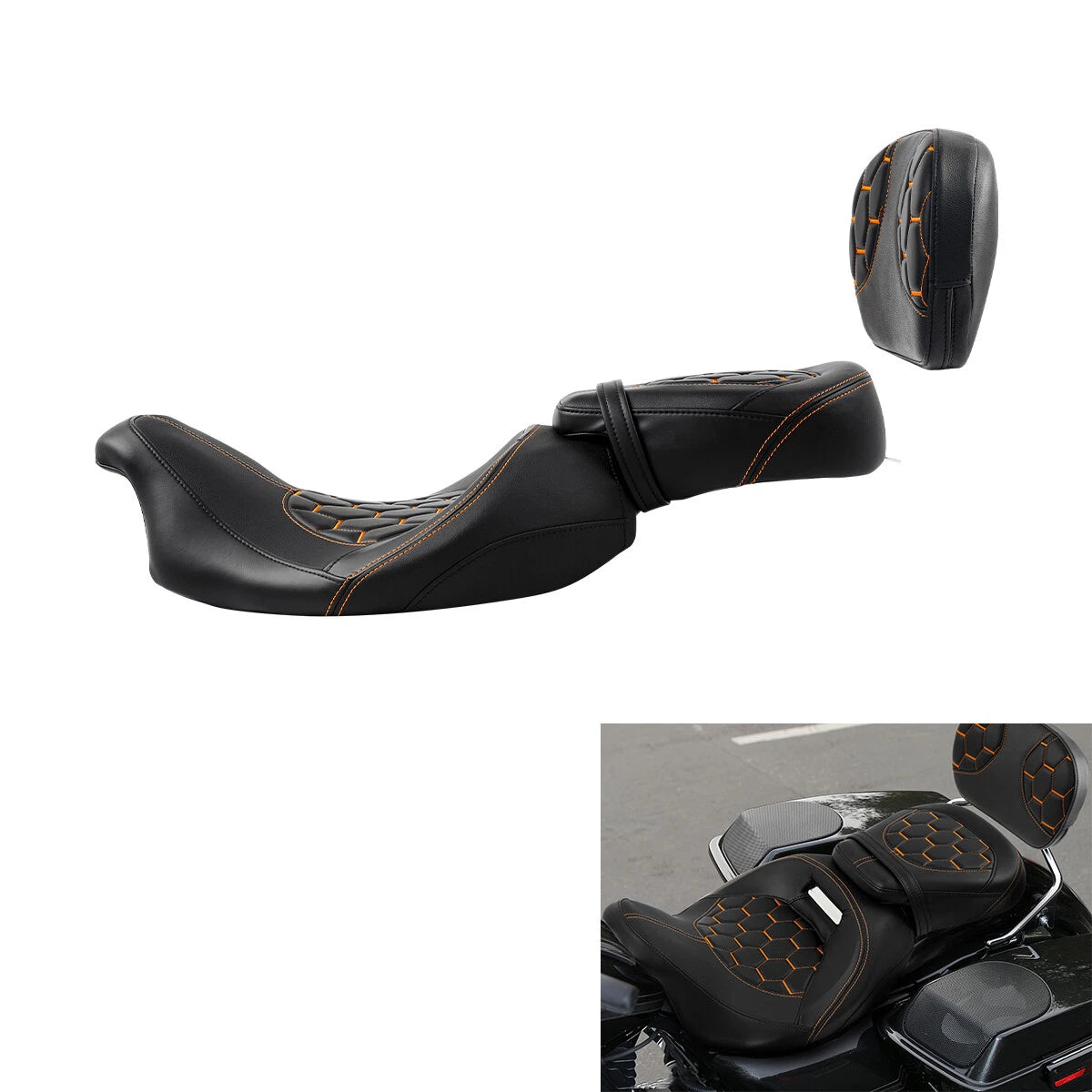Driver Passenger Seats Backrest for Harley CVO Road Glide (2009–2023) Black Orange