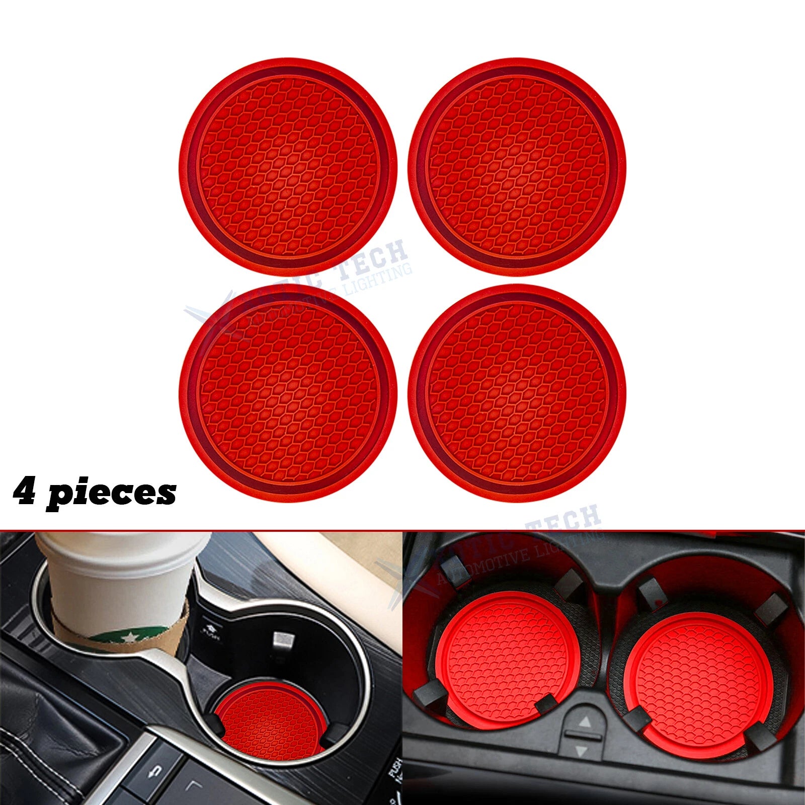 4-Piece Red Non-Slip Cup Coasters for Car (Universal, Embedded) (Set)