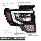 LED Tube DRL Headlights for Ford F-150 (2009–2014) Left + Right Set