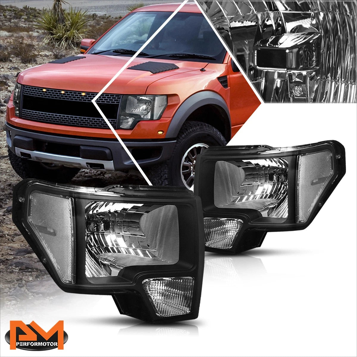 Set of 2 Black Housing Headlight Clear Side Corner Lamps for Ford F150 (2009–2014)