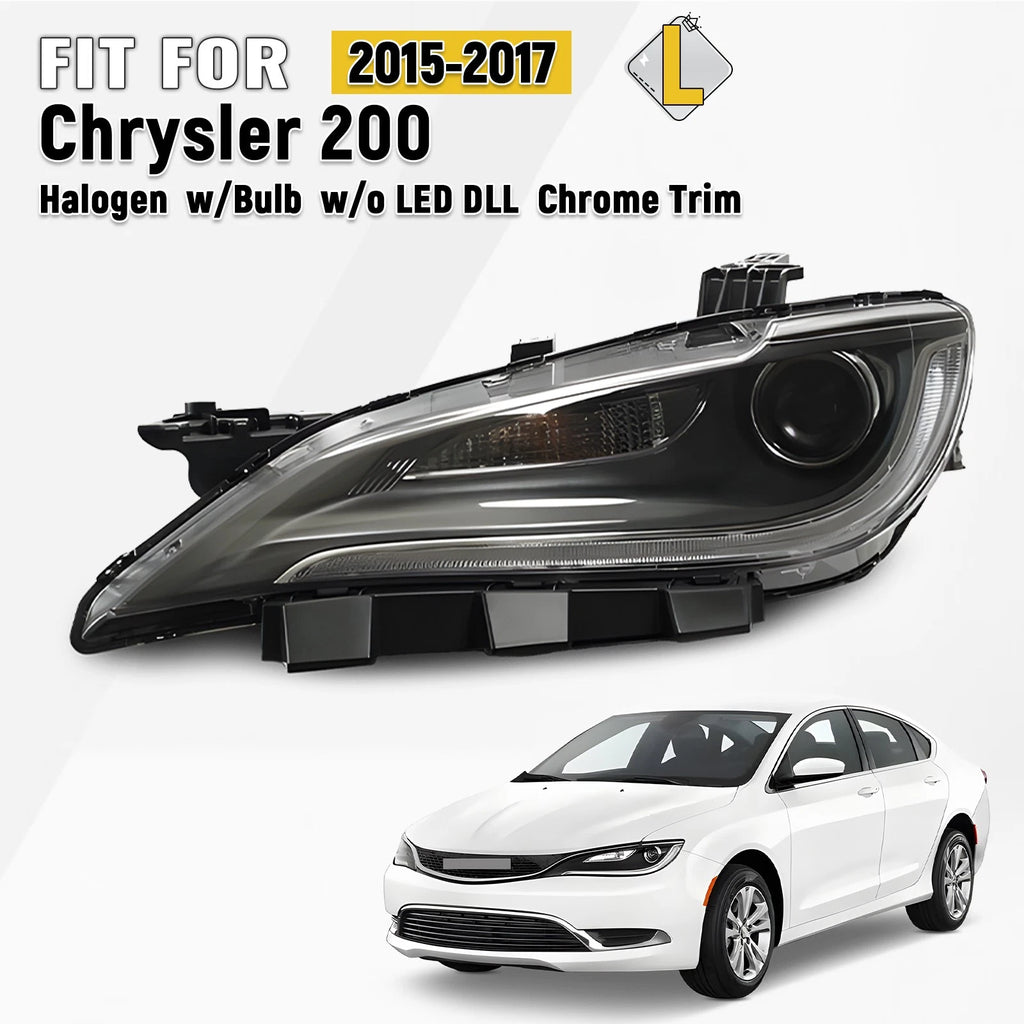 Halogen Headlight for Chrysler 200 (2015–2017) w/o LED DRL, Chrome Trim, Left