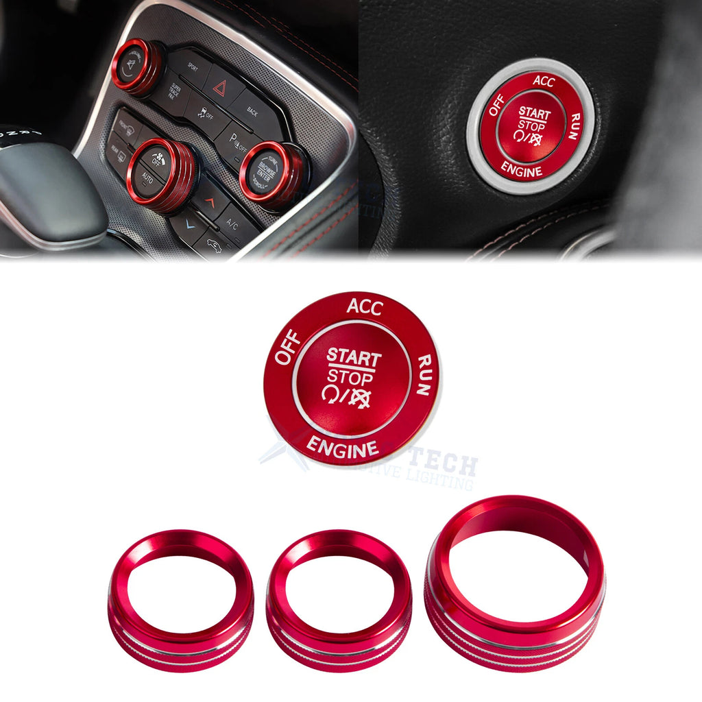 Red Power Ignition Switch Button AC Volume Knob Cover for Dodge Challenger (2015–2024)