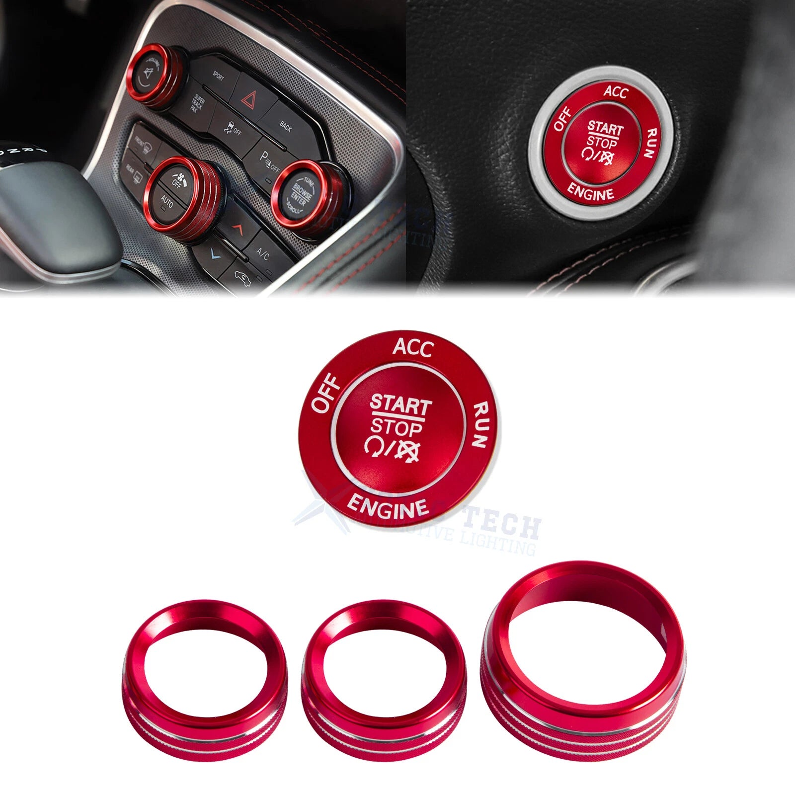 Red Power Ignition Switch Button AC Volume Knob Cover for Dodge Challenger (2015–2024)