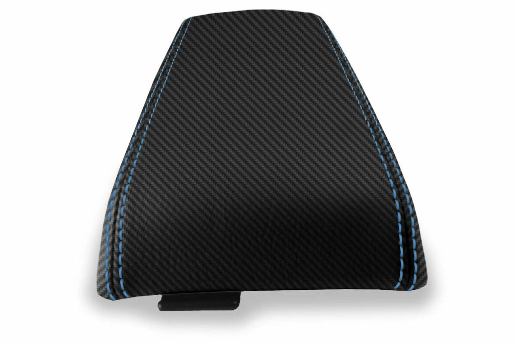 Console Lid Armrest Cover for Subaru Baja (2003–2006) Carbon Fiber Blue Stitch