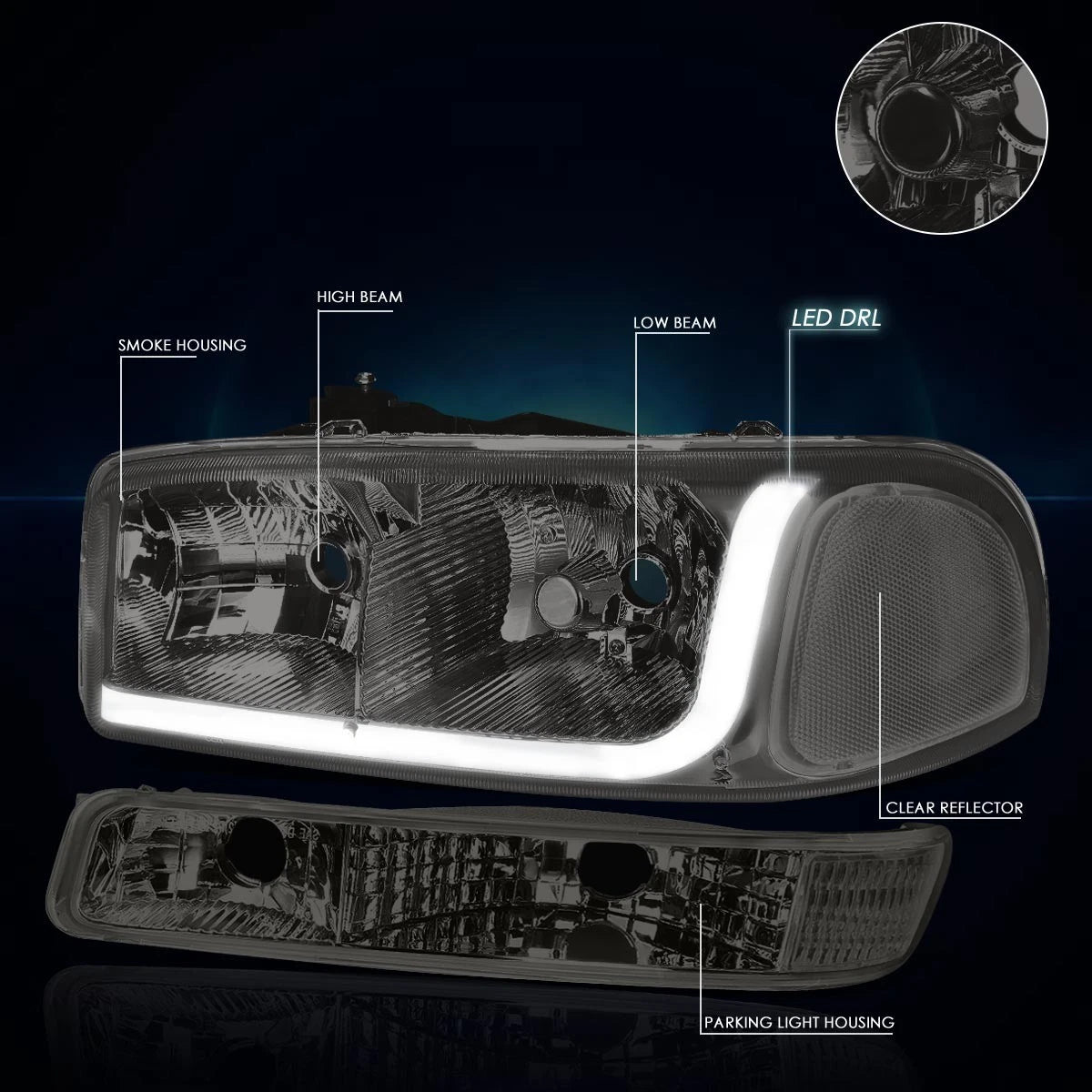 LED DRL Headlight with Bumper Signal Lamps for GMC Sierra/Yukon (1999–2007)