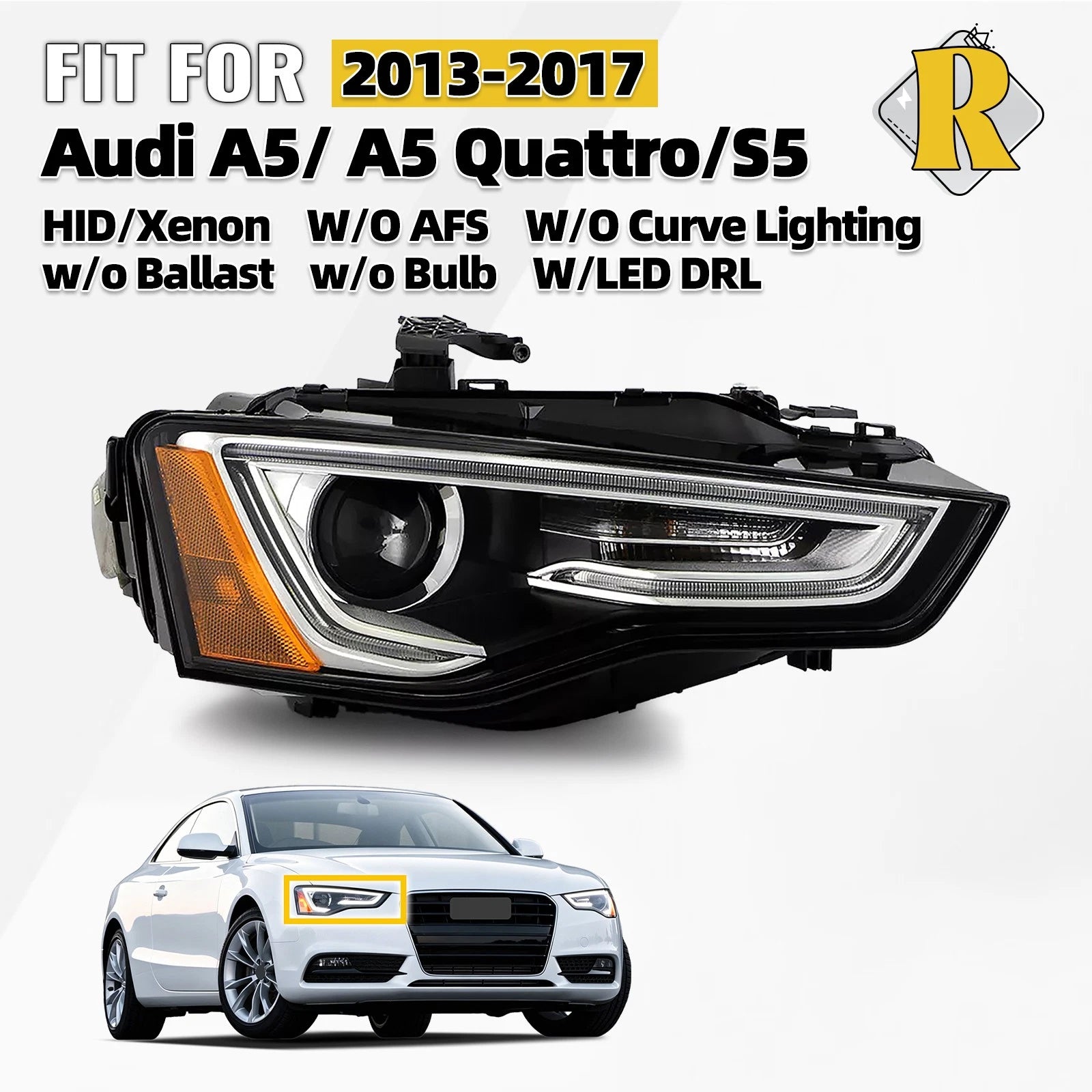 HID/Xenon Headlight Projector for Audi A5 S5 (2013–2017) w/LED DRL Right