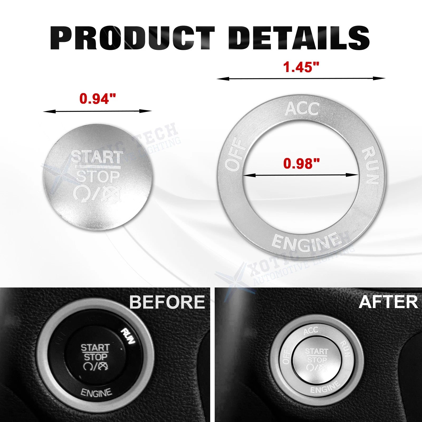 Push Start Stop Button Cover Trim Kit for Dodge Charger Challenger (Silver, 2015-2021)