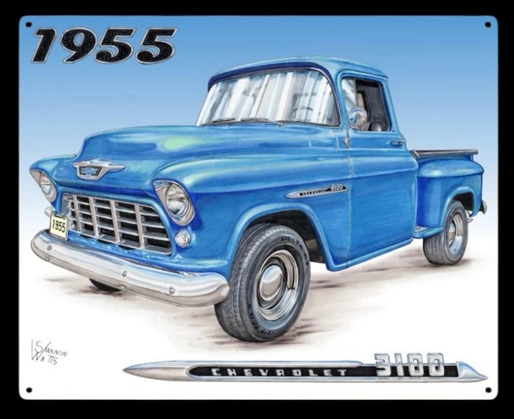Vintage Metal Tin Sign for Chevy 3100 Pickup Truck (1955) 12x15 Blue
