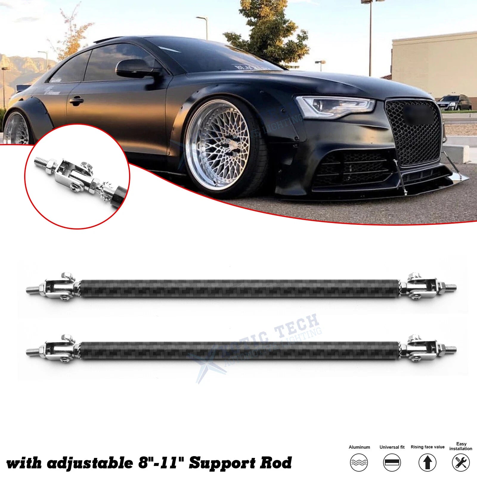 Carbon Fiber Front Bumper Splitter Strut Rod Tie Support Bars Universal (2010–2020)