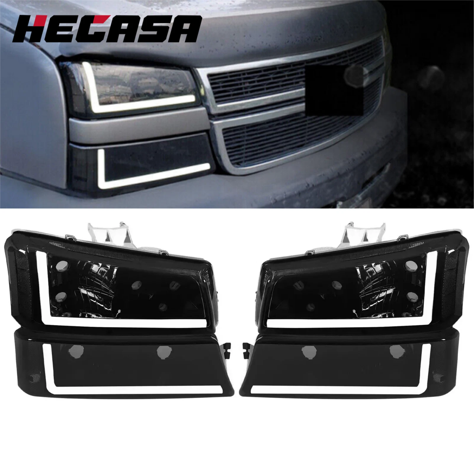 Smoke Headlights Bumper Lamps for Chevy Silverado Avalanche (2003–2007) w/ LED DRL