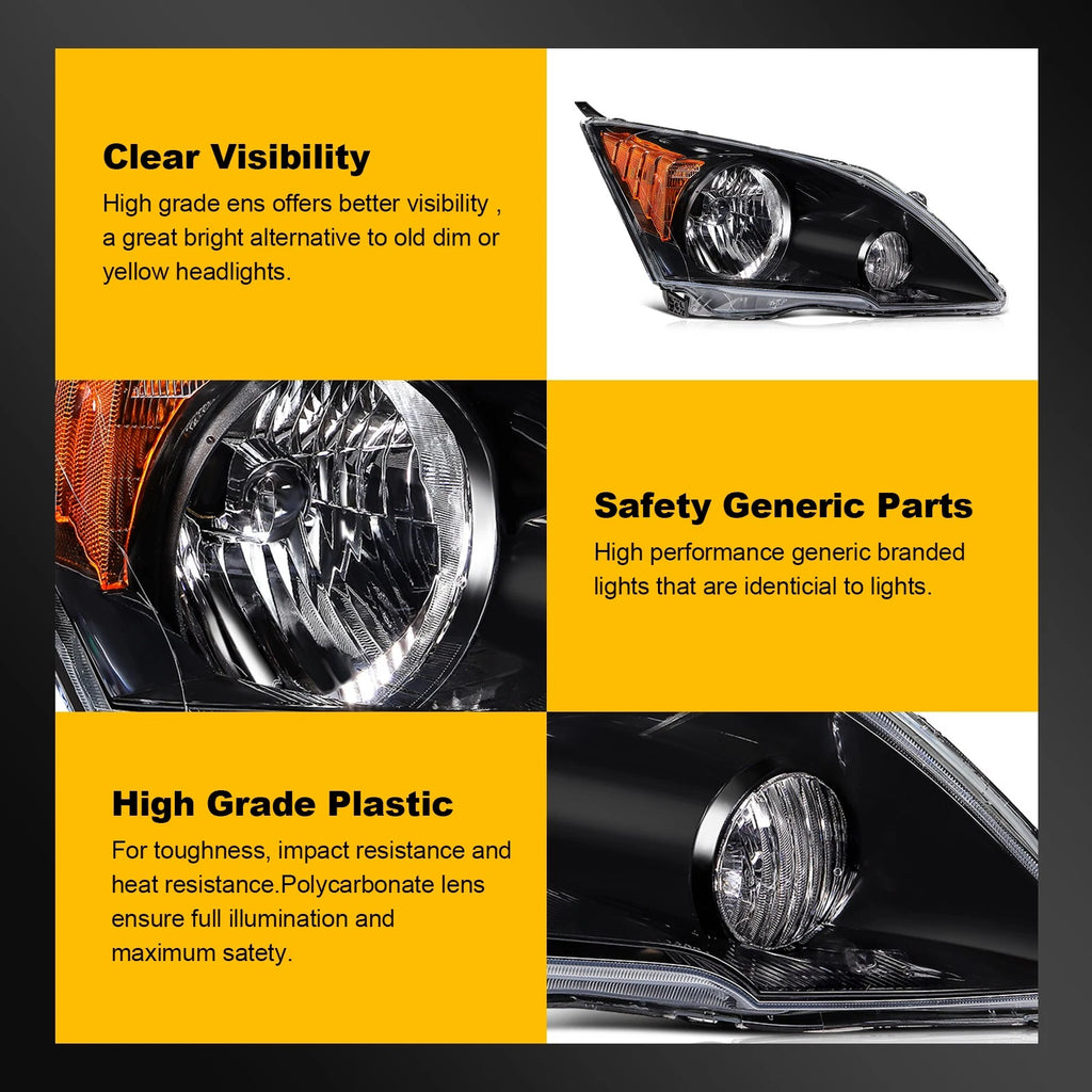 Set of 2 Halogen Headlights for Honda CR-V (2007–2011) Black Amber
