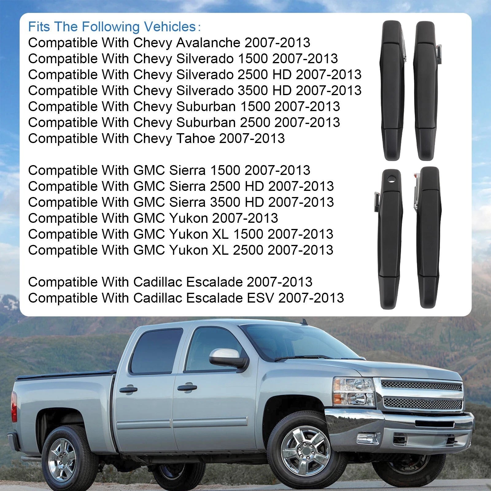 Set of 4 Black Door Handles for Chevy GMC Tahoe Yukon Sierra (2007–2014)