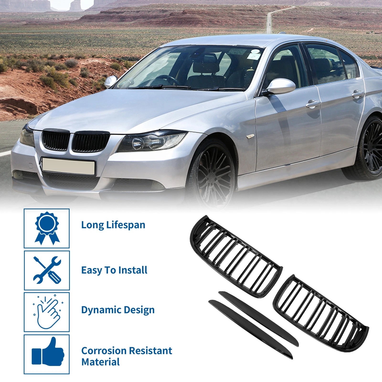 Gloss Black Front Kidney Grille for BMW E90 (2005–2008)