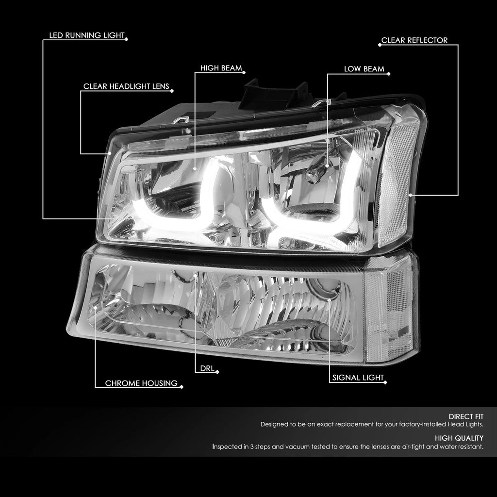Chrome Clear J-Halo LED DRL Headlights w/ Bumper Lamps for Chevy Silverado (2003–2007)