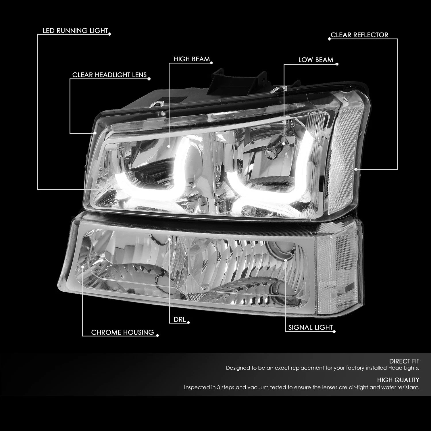 Chrome Clear J-Halo LED DRL Headlights w/ Bumper Lamps for Chevy Silverado (2003–2007)