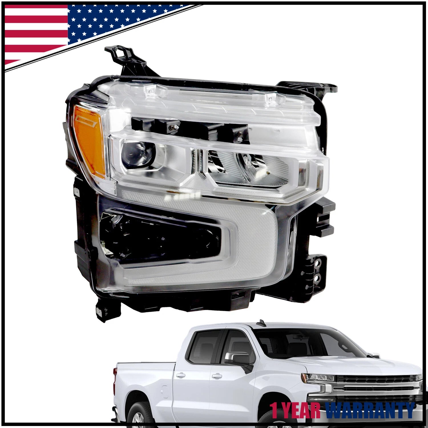 Chrome Bezel Full LED Headlight for Chevy Silverado 1500 LT RST (2022–2024)
