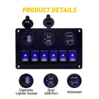 6 Gang Rocker Circuit Panel with Blue LED Switch for Car Marine Boat