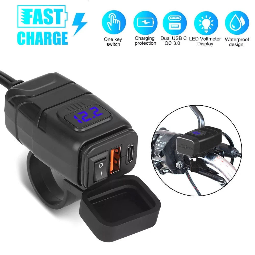 Dual USB Quick Charger with Voltmeter for Motorcycle ATV (12V-24V)