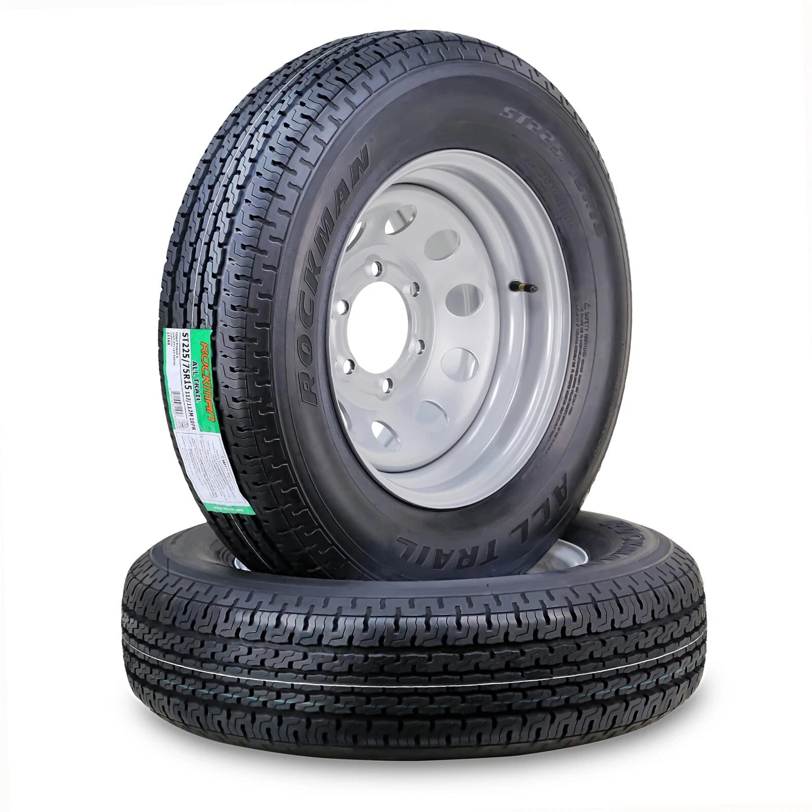 2X ST225/75R15 10-Ply Trailer Tires for Rockman (6 Lug, Silver Mod)