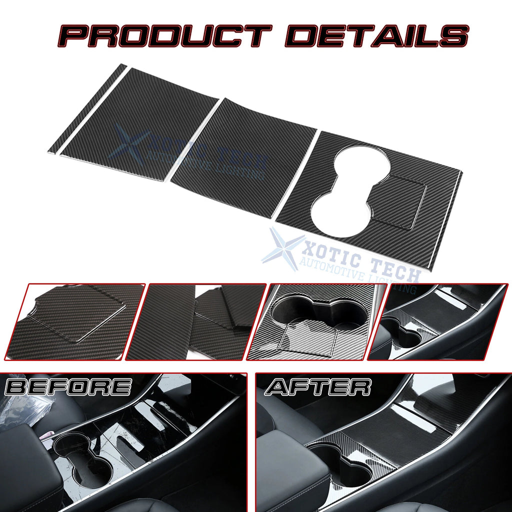 Carbon Fiber Center Console Cup Panel Cover Trim for Tesla Model 3 (2017-2020)