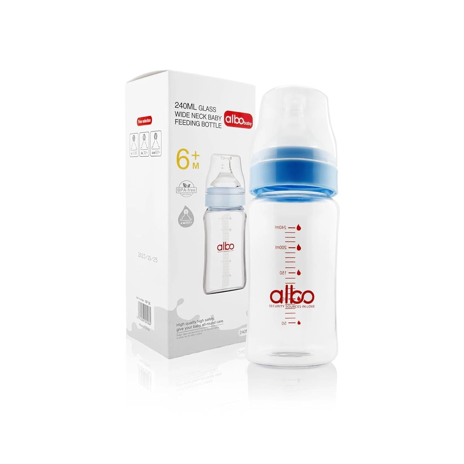 Albo Glass Baby Bottle for Natural Flow Feeding (240ML)