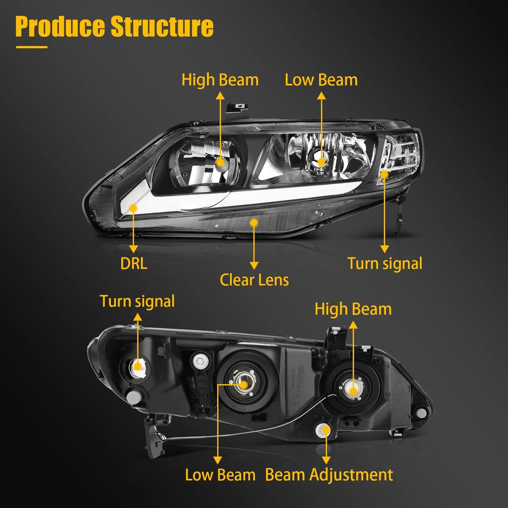 2X Headlight Assembly for Honda Civic (2006–2011) Black with LED DRL
