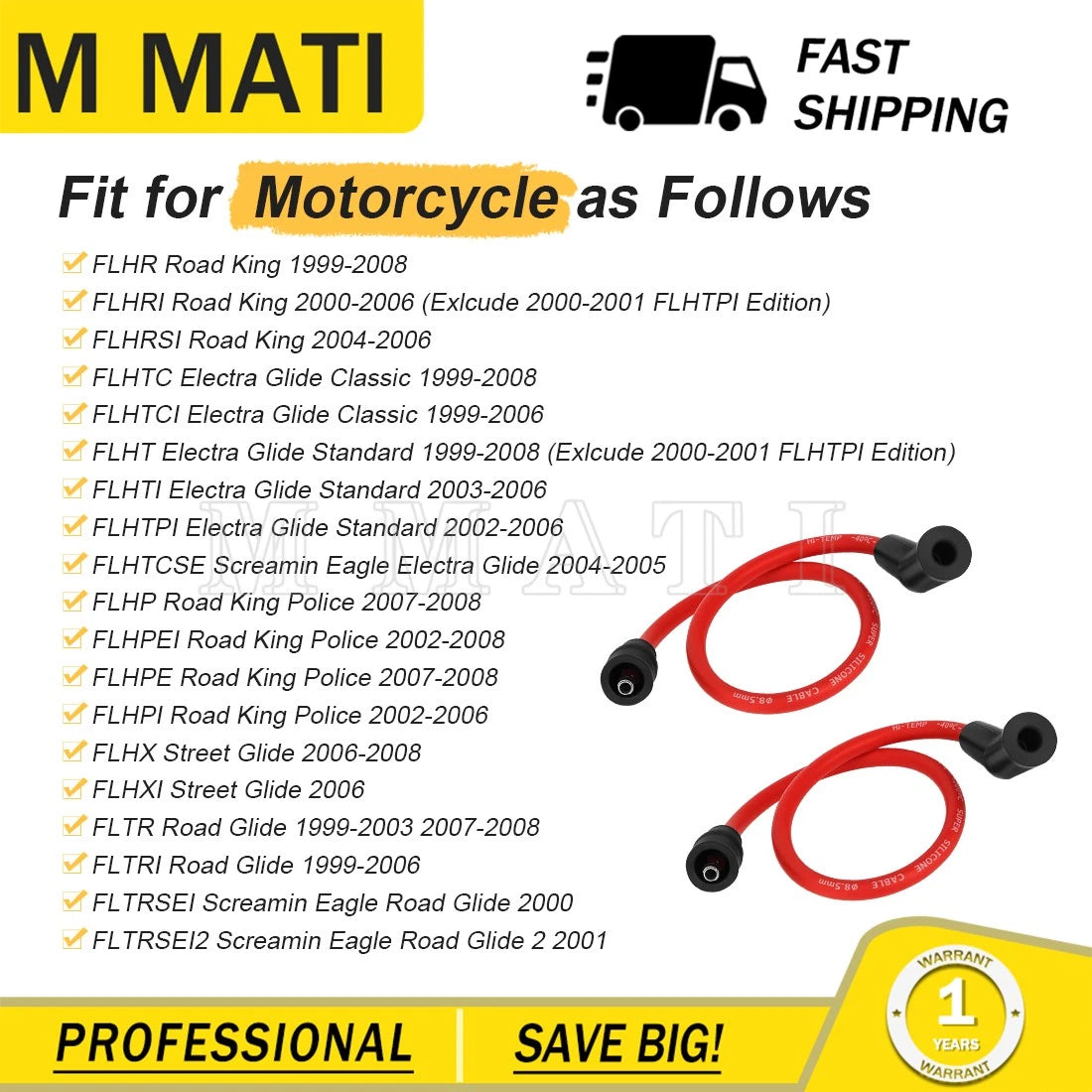 Spark Plug Wires for Harley Davidson Road King, Electra Glide, Street Glide, Road Glide (1999–1999)