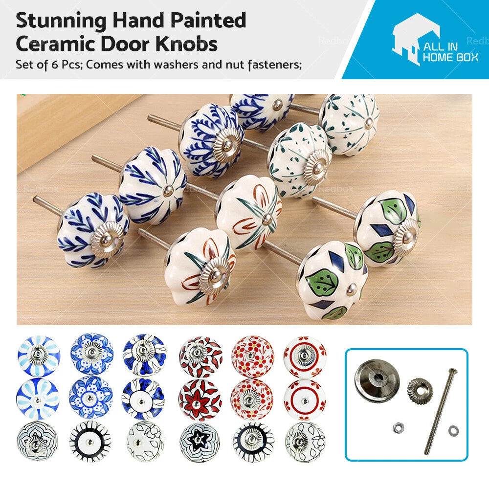 Set of 6 Vintage Ceramic Cupboard Door Knobs Drawer Pull Handles