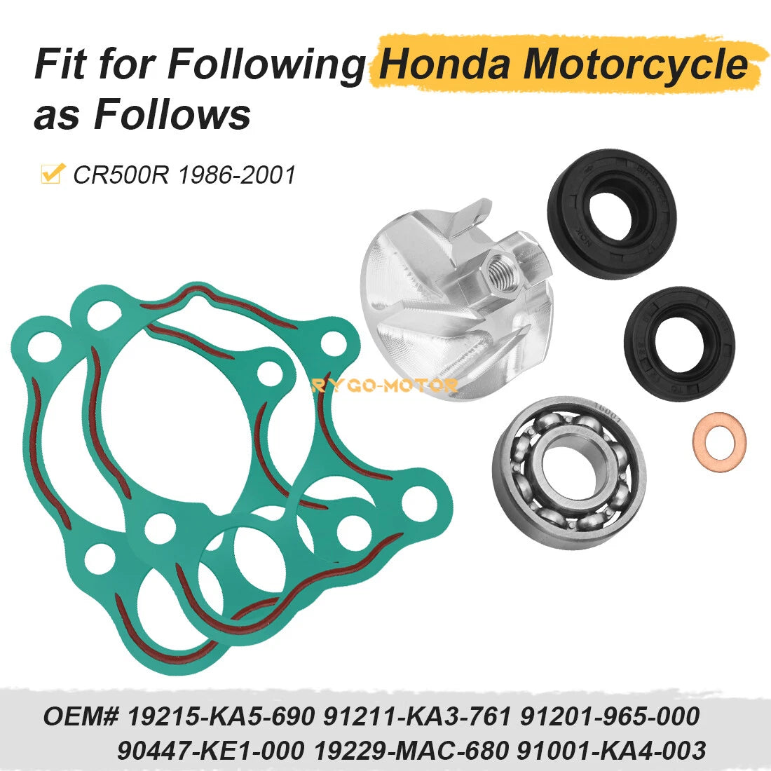 Water Pump Impeller Bearing Gasket Kit for Honda CR500R (1986–2001) 19215-KA5-690