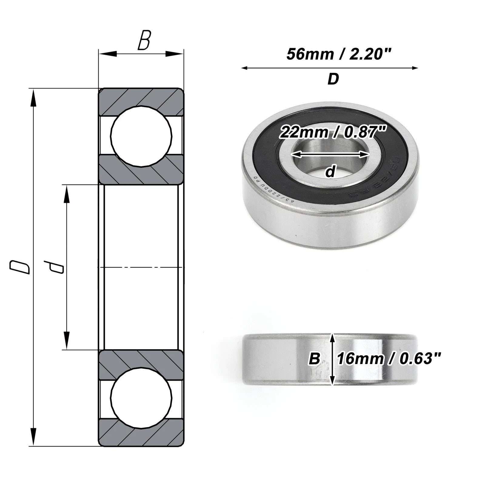 Deep Groove Ball Bearing 22x56x16mm for Scooter Skateboard (P0)