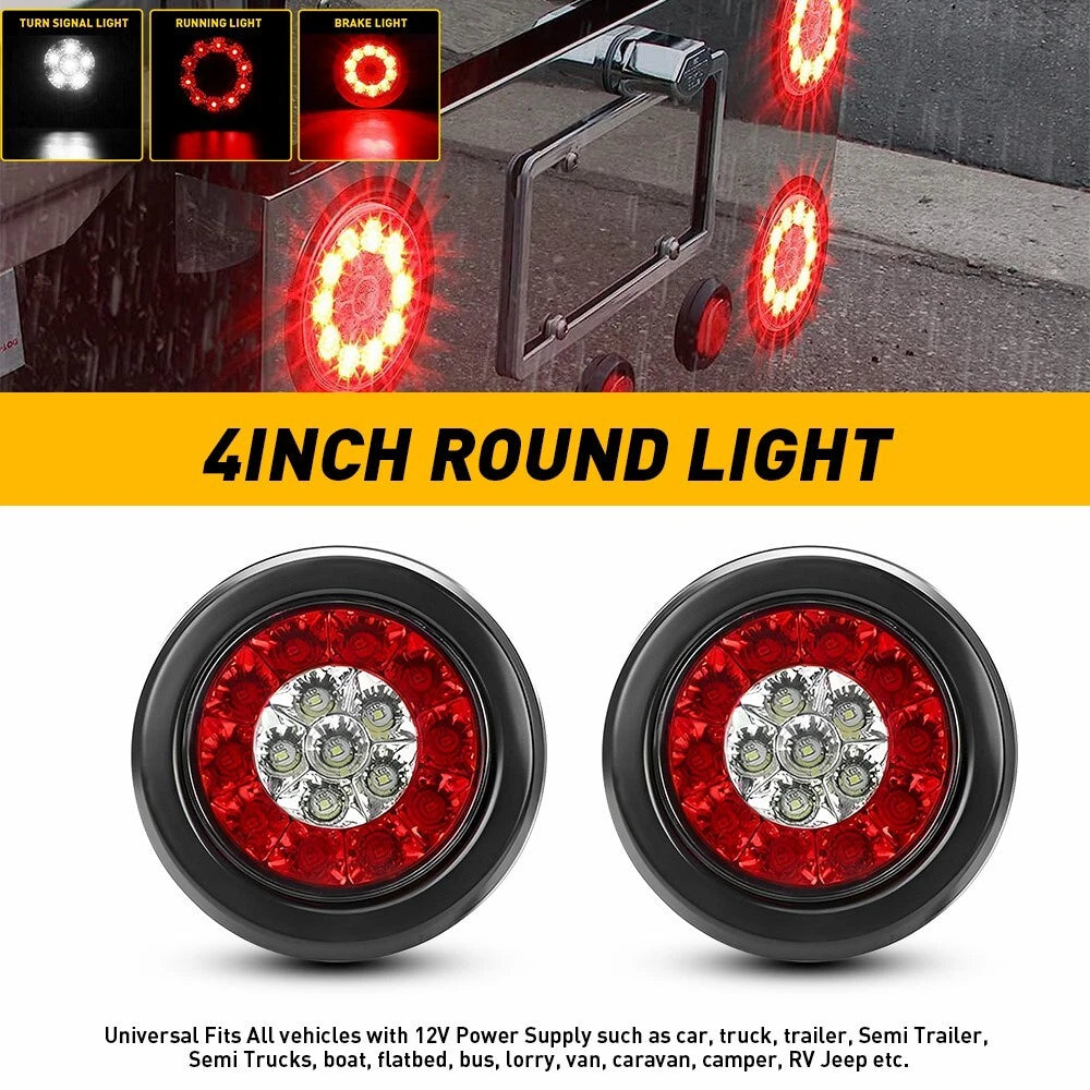 2X 4" Round Red/White 16-LED Brake Tail Lights for Truck Trailer 