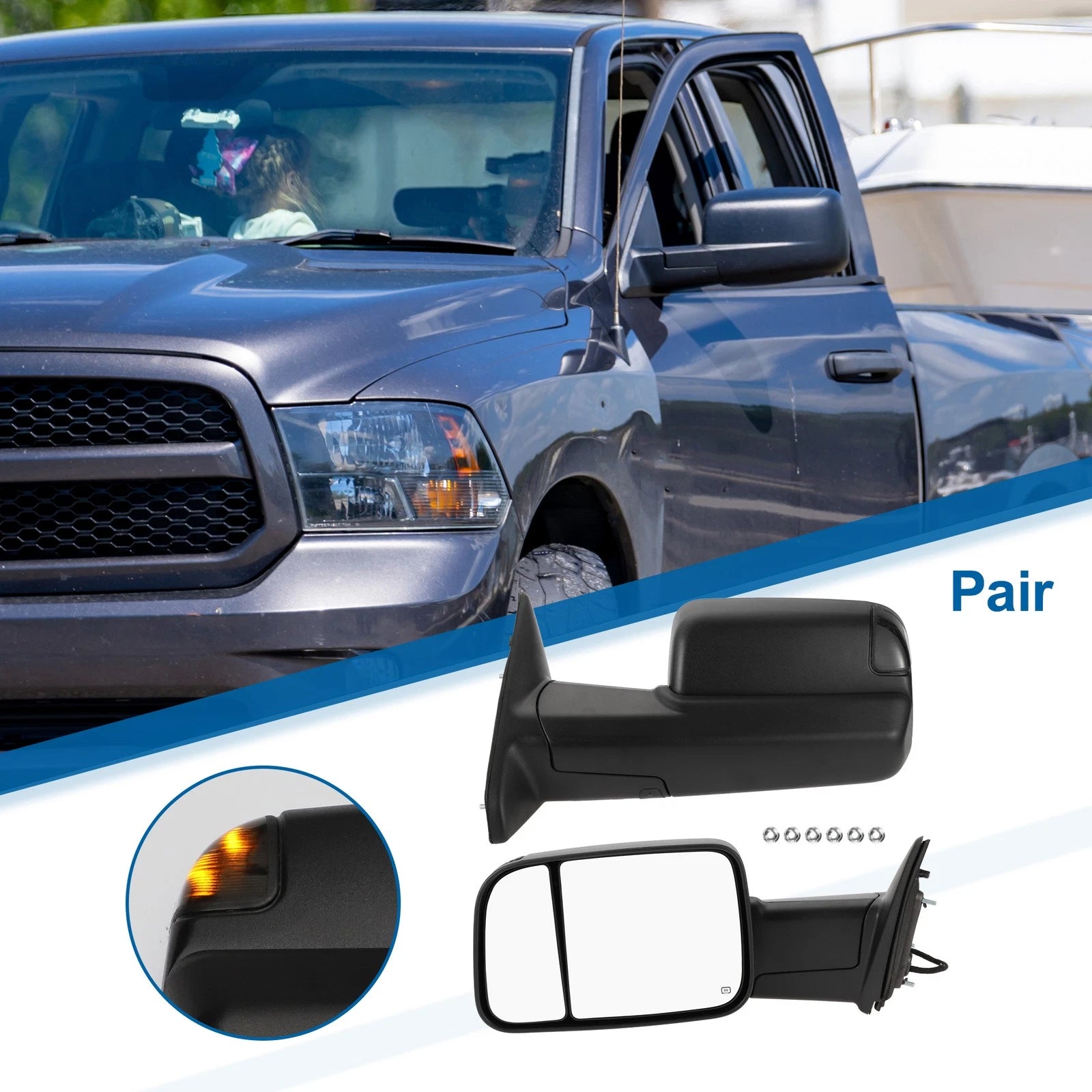 Tow Mirrors for Dodge Ram 1500 (2009–2012) with Turn Signal Light, Black