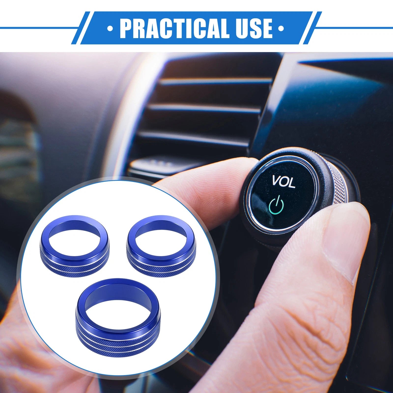 3 Pcs AC Audio Tune Switch Knob Ring Cover for Dodge Dart (2012–2018) Blue
