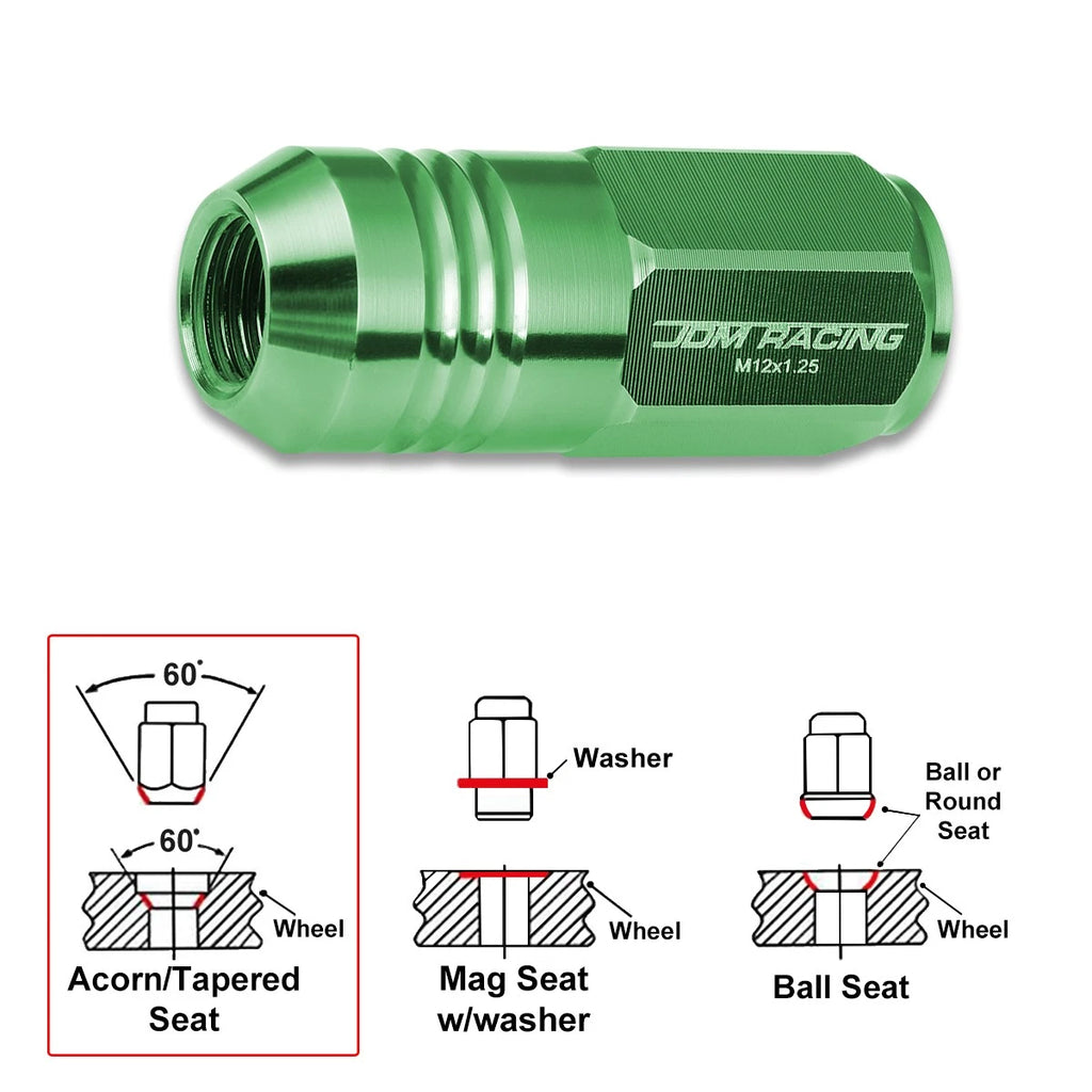 Set of 20 M12X1.25 Green JDM Closed End Cone Hex Wheel Lug Nuts + Extension 20mmx50mm