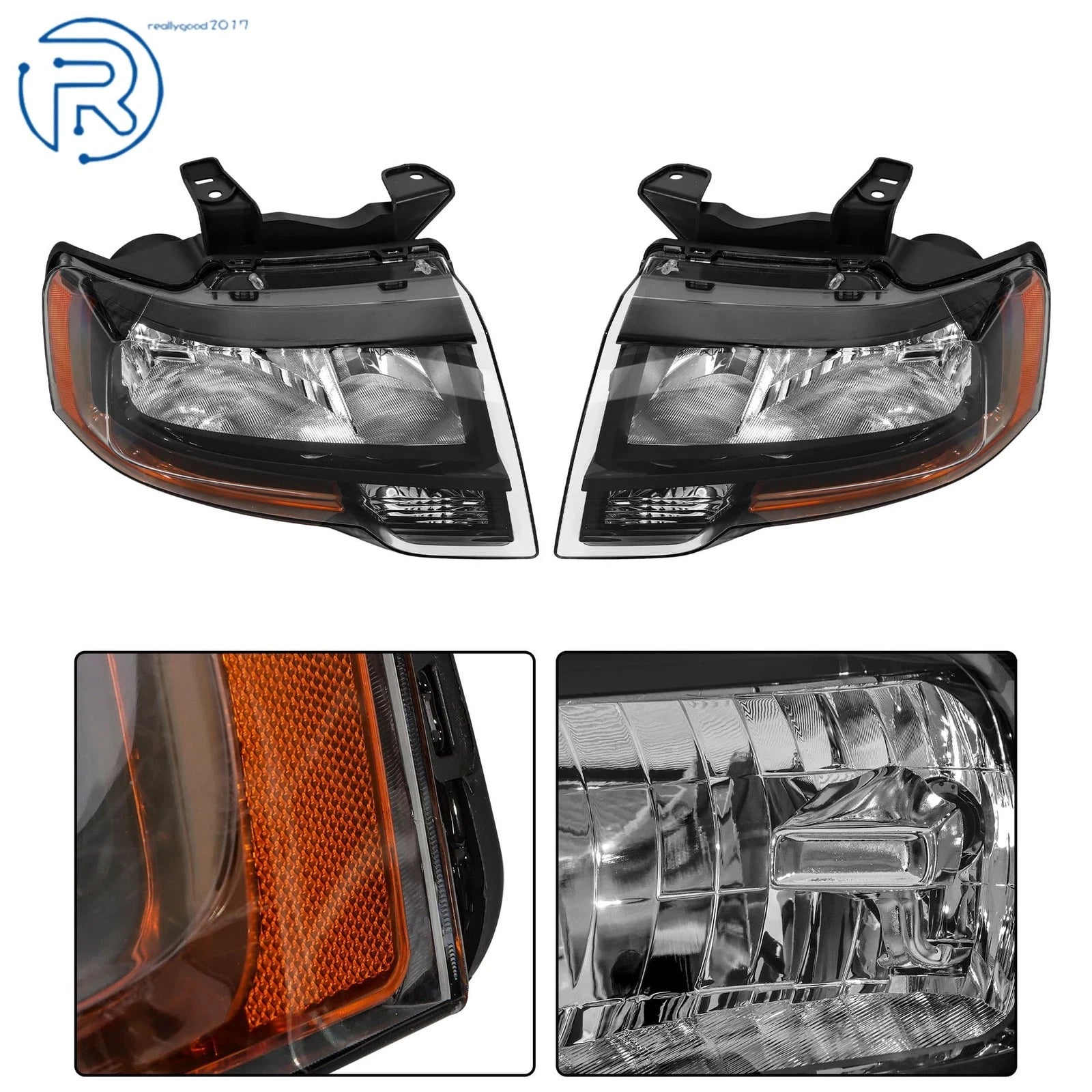 Set of 2 Black Halogen Headlights for Ford Expedition (2015-2017)