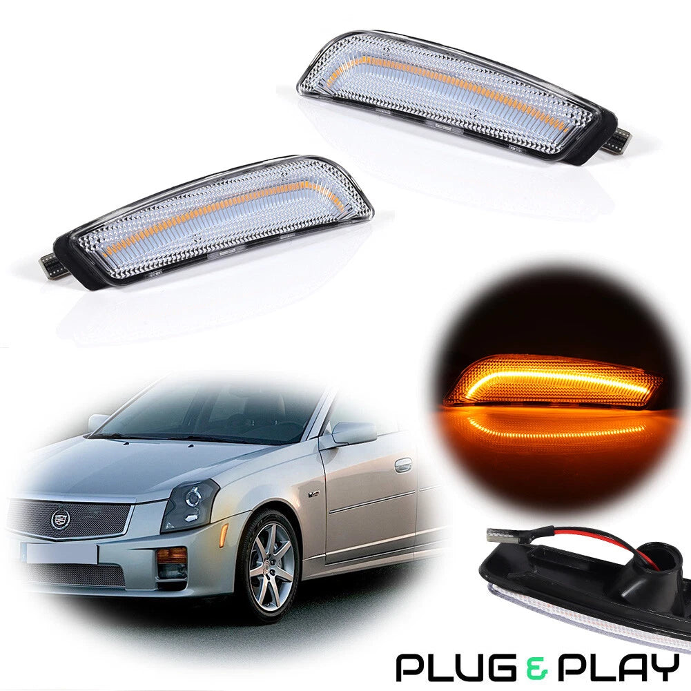 2X Clear Lens Amber LED Front Sidemarker Lights for Cadillac CTS (2003–2007)