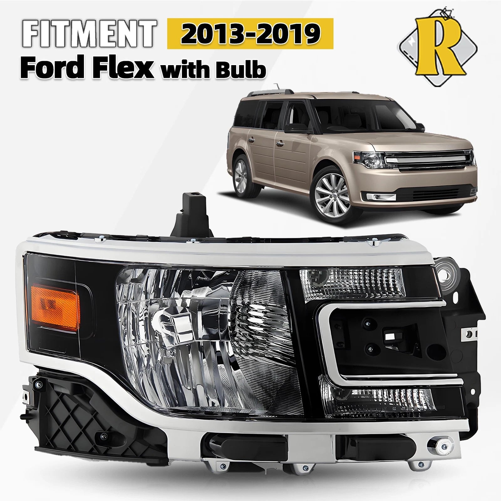 Halogen Headlight with Bulb for Ford Flex (2013–2019) Right Passenger Black Housing