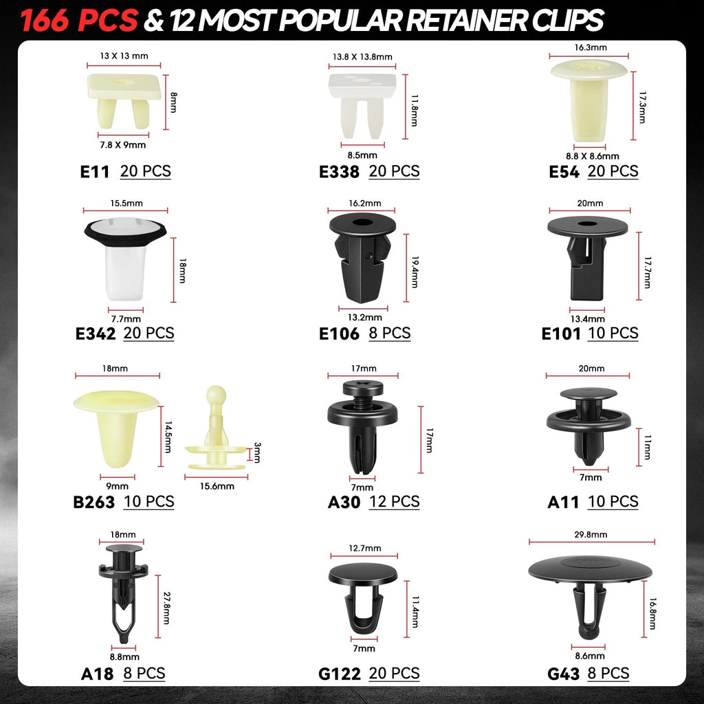 Set of 10 Nylon Retainer Clips + Fastener Removal Tools for 6-10mm Holes