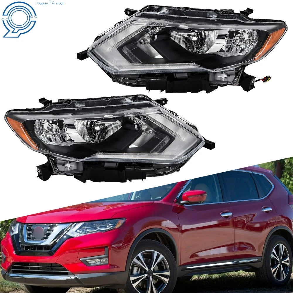 Set of 2 Headlights for Nissan Rogue (2017–2019) Chrome Housing Clear